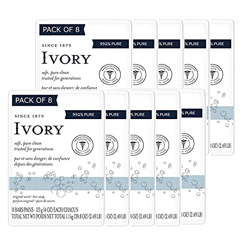 Ivory Bar Soap, Original Scent, 10 count, 4 oz (Pack of 8, total of 80 Bars)