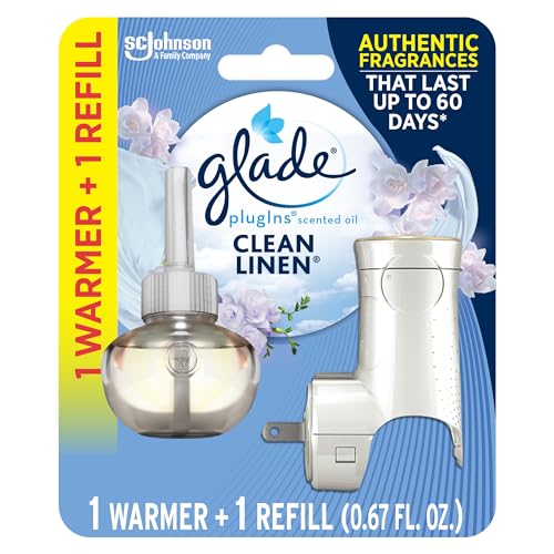 Glade PlugIns Refills Air Freshener Starter Kit, Scented Oil for Home and Bathroom, Clean Linen, 0.67 Fl Oz, 1 Warmer + 1 Refill
