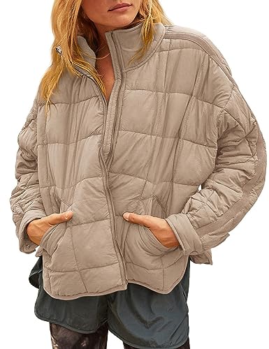 Gacaky Women's Baggy Lightweight Zip Puffer Jacket Warm Winter Down Coat with Pockets Dark Khaki （M）