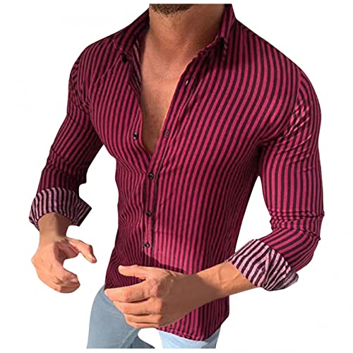 Vertical Striped Long Sleeve Tee Shirts for Men Casual Button Down Lapel Collar Business Dress Shirts Oxford Shirts Red