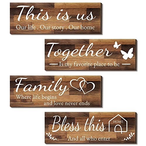 4 Pieces Home Wall Signs, THIS IS US/TOGETHER/BLESS THIS HOME/FAMILY Wall Decor For Living Room Bedroom, Rustic Wooden Farmhouse Wall Art , 4.7 x 13.8 Inch(Brown)