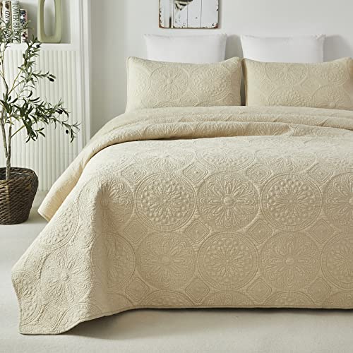 Brandream Luxury Quilt Bedding Set Queen Size Cotton Beige 3 Piece Medallion Matelasse Coverlet Set Lightweight