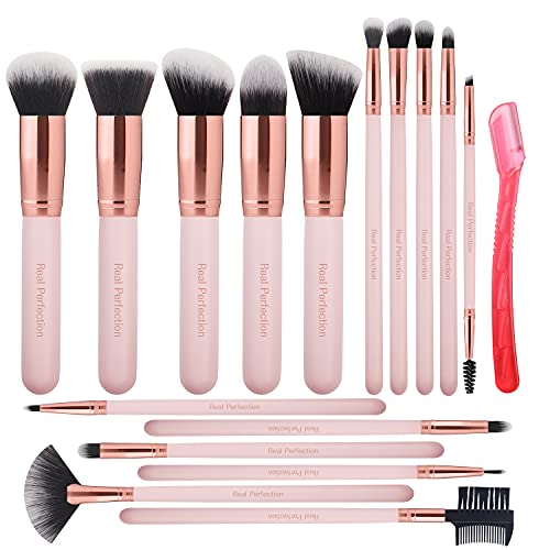 Real Perfection 16pcs Makeup Brushes Set with 1 Eyebrow Razor Premium Synthetic Foundation Blending Face Powder Eye Shadow Concealer Make Up Brushes Tool Kit