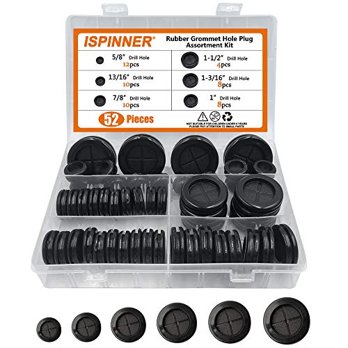 ISPINNER 52pcs 6 Sizes Rubber Grommet, Double Sided Round Rubber Hole Plug, Drill Hole 5/8' 13/16' 7/8' 1' 1-3/16' 1-1/2' (Black)