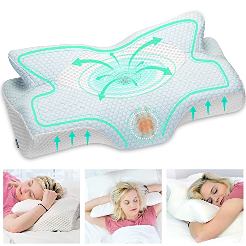 Elviros Cervical Memory Foam Pillow, Contour Pillows for Neck and Shoulder Pain, Ergonomic Orthopedic Sleeping Neck Contoured Support Pillow for Side Sleepers, Back and Stomach Sleepers (Blue-S&Soft)