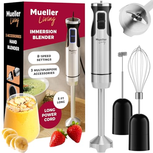 Mueller Immersion Blender Handheld - 8 Speed Stainless Steel Electric Hand Blender, 3 in 1 Emulsion Blender Handheld with Turbo Mode, Stick Blender Emulsifier for Kitchen for Soup, Smoothie, Puree