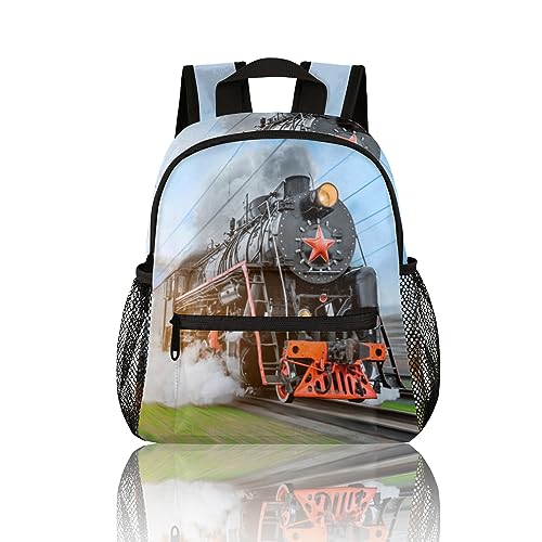 Train Backpack for Boys Girls, Waterproof 12 In Kids Toddler Backpack Steam Train Casual Daypack Kindergarten Preschool Bookbag Travel Snack Bag with Chest Strap for Children Back to School