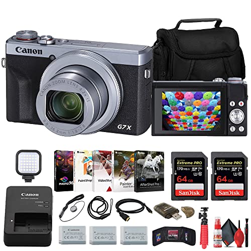 Canon PowerShot G7 X Mark III Digital Camera (Silver) (3638C001) + 2 x 64GB Memory Card + 2 x NB13L Battery + Card Reader + LED Light + Corel Photo Software + HDMI Cable + Case + More (Renewed)