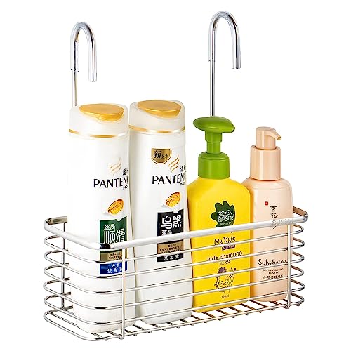 YQh hanging shower rack, bathroom rack storage rack, shampoo bracket, the back hook can be rotated, and can be hung on the faucet or cross bar, 304 stainless steel rust proof (Single layer shelf)