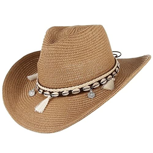 Shell Tassels Wide Brim Summer Cowboy Hat Straw Sun Cap for Women Men Chic Sun Protection Beach Panama Cap Camel, 6 7/8-7 3/8