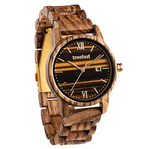 treehut Wooden Watch for Men with Wooden Strap and Gift Box, Stainless Steel Clasp & Silver Hands – Japanese Quartz Analog Watch – Wrist Watch Made from Zebrawood Great Gifts for Men