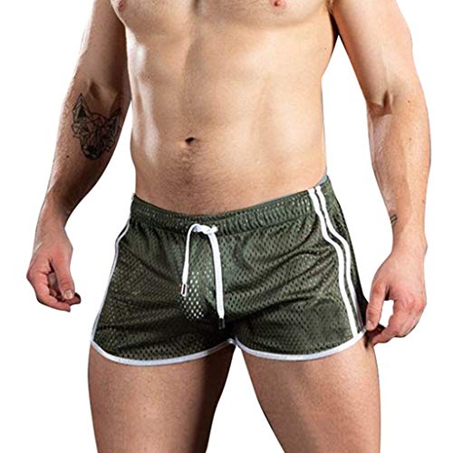 Mens Mesh Gay Shorts,Hot See Through Lightweight 3 Inch Summer Booty Bottoms Fast Dry Side Stripes Trunks,Vacation Holiday Beachwear Casual Low Rise Swim Brief Boxer(Green,XXL)