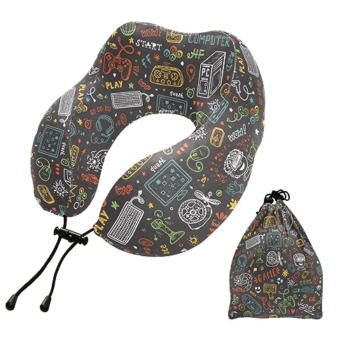 JIPONI Travel Pillow Computer Game Joystick Doodle Memory Foam Neck Pillow with Attachable Snap Strap for Traveling, Airplanes, Sleeping, Home, Office, Car