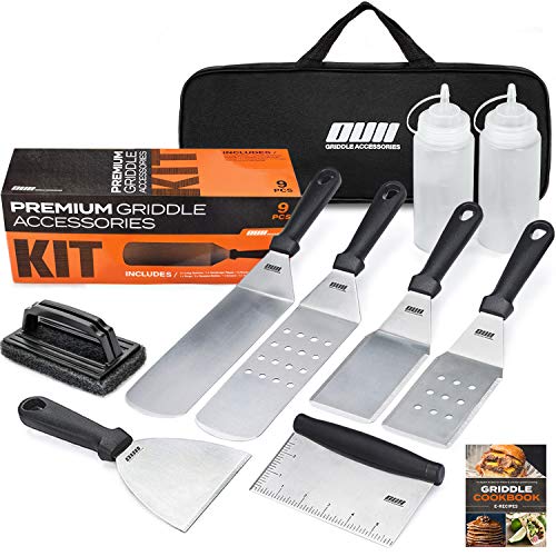 OUII Flat Top Griddle Accessories for Blackstone and Camp Chef Griddle - 9 Pieces Set with Griddle Cleaning Kit and Carry Bag! Metal Spatula, Scraper for Hibachi and Teppanyaki Grill