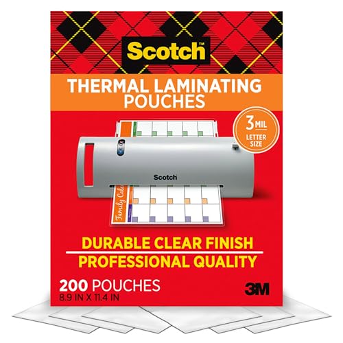Scotch Thermal Laminating Pouches, 200 Count, Clear, 3 mil., Ideal Office or School Supplies, Fits Letter Sized Paper (8.9 in. × 11.4 in.)