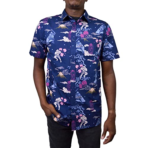 STAR WARS Men's Darth Vader and Stormtroopers Samurai Print Button Down Shirt - Navy - Large