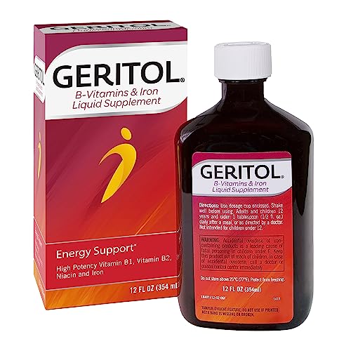 Geritol, Liquid Vitamin and Iron Supplement, Energy Support, Contains High Potency B-Vitamins and Iron, Pleasant Tasting, Easy to Swallow, No Artificial Sweeteners, Non-GMO, 12 Oz