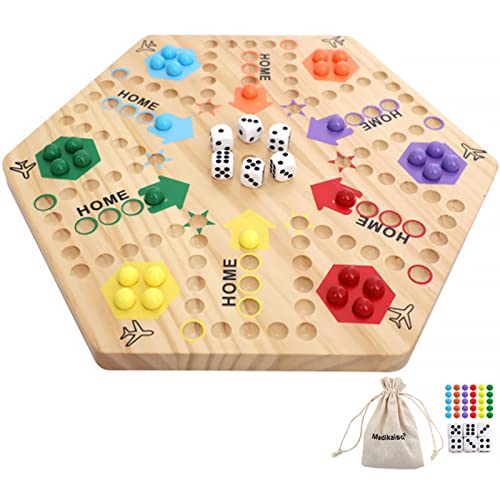 Medikaison Original Marble Game Wahoo Board Game Double Sided Painted Wooden Fast Track Board Game for 6 and 4 Players 6 Colors 24 Marbles 6 Dice for Family Friends