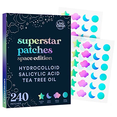 LivaClean 240 CT Holographic Cute Acne Patches - Space Edition w/Salicylic Acid & Tea Tree Oil for Face - Hydrocolloid Star Pimple Patches