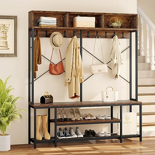 YITAHOME Entryway Bench with Coat Rack, 5-in-1 Hall Tree with Shoes Storage, Industrial Freestanding Coat Rack Shoe Bench with Storage Shelves, 10 Hooks for Hallway, Bedroom, Rustic Brown