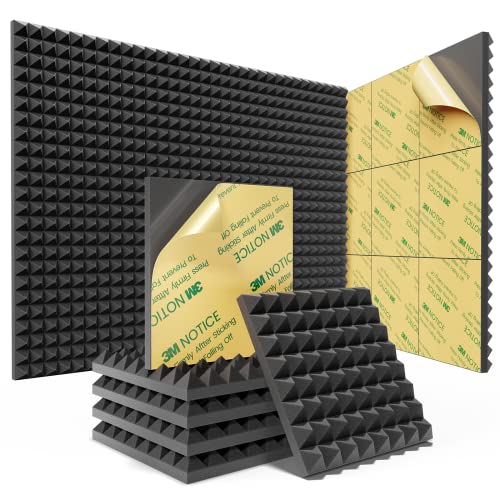 Sonicism 12 Pack Pyramid Sound Proof Foam Panels with Self-Adhesive, 12' X 12' X 1' Acoustic Foam Panels of High Density, Soundproof Wall Panels Fast Expand, Sound Absorption and Decoration (Black)