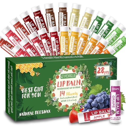 Yopela 28 Pack Natural Lip Balm Bulk with Vitamin E and Coconut Oil - Moisturizing, Soothing, and Repairing Dry and Chapped Lips - 14 Flavors - Non-GMO Mother's Day Gifts