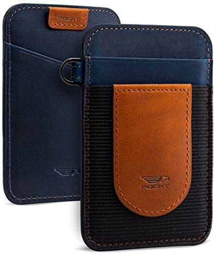 POCKT Card Holder Wallet For Men and Women - Slim Minimalist Front Pocket Wallet Elastic Credit Card Holder Genuine Leather RFID Blocking Card Case Wallets | Vintage Tan Navy