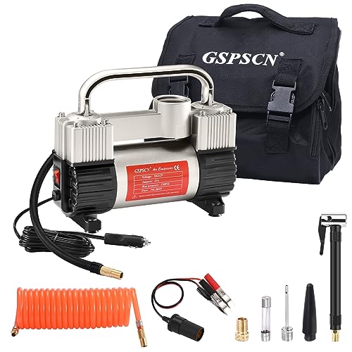 GSPSCN Silver Tire Inflator Heavy Duty Double Cylinders with Portable Bag- Car Accessories，Metal 12V Air Compressor Pump 150PSI with Adapter for Car, Truck, SUV Tires, Dinghy, Air Bed etc