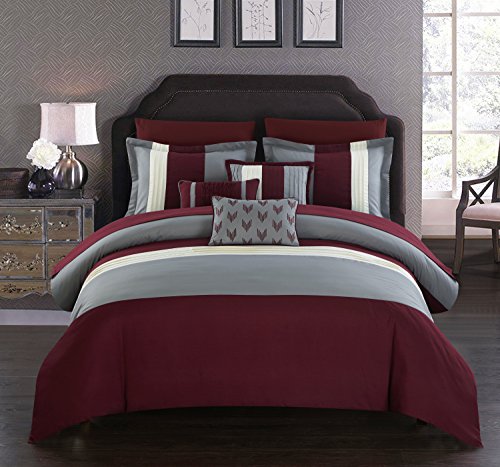 Chic Home Burgundy Bed in a Bag Comforter Set, King Size (10 Pieces), Ayelet - Color Block Stripe Premium Microfiber Bedding - Comforter, Flat & Fitted Sheets, Shams, Pillowcases & Decorative Pillows