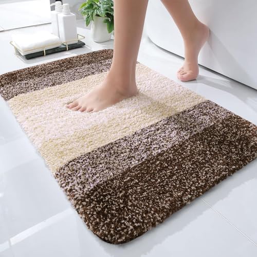 OLANLY Luxury Bathroom Rug Mat 24x16, Extra Soft and Absorbent Microfiber Bath Rugs, Non-Slip Plush Shaggy Bath Carpet, Machine Wash Dry, Bath Mats for Bathroom Floor, Tub and Shower, Brown