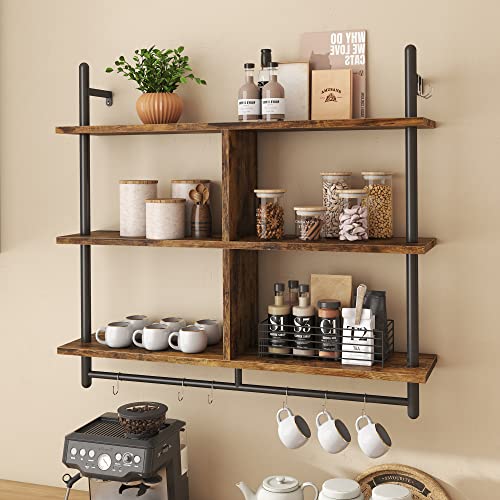 Bestier Floating Pipe Shelving Kitchen Shelves Wall Mounted 3 Tier 41.5' Ladder Coffee Bar Shelf Hanging with Circular Tube, Display Bookshelf Storage for Living Room Kitchen, Rustic Brown