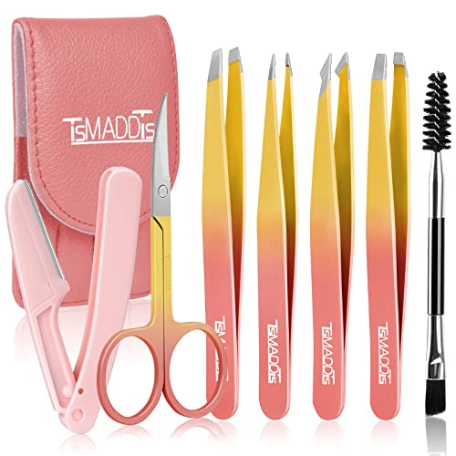 Eyebrow Tweezer Set, TsMADDTs 7 Pcs Tweezers Set for Women, Precision Tweezer for Eyebrows with Curved Scissors and Eyebrow Razor for Ingrown Hair,Pink&Yellow