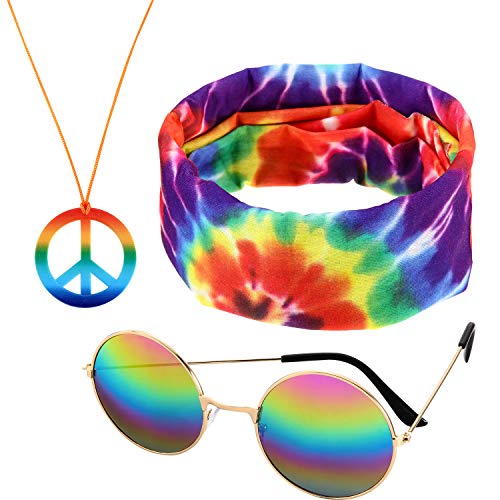 Frienda 3 Pcs Hippie Accessories Costume 70s Hippie Rainbow Leopard Outfits, Hippie Headbands for Men Peace Sign Necklace Sunglasses (Rainbow Style)