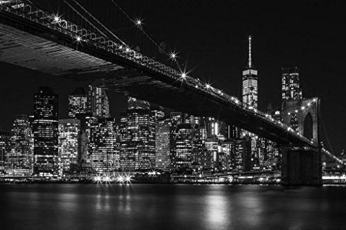 Brooklyn Bridge New York City NYC Skyline at Night Black and White Photo Photograph Cool Wall Art Print Poster 36x24