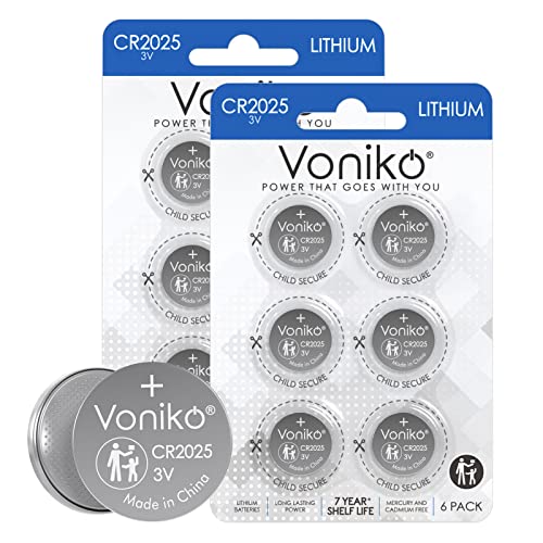 Voniko 3 Volt CR2025 Battery 12 Pack – CR 2025 Button Cell Battery – 2025 Lithium Coin Batteries, 7 Years Shelf Life