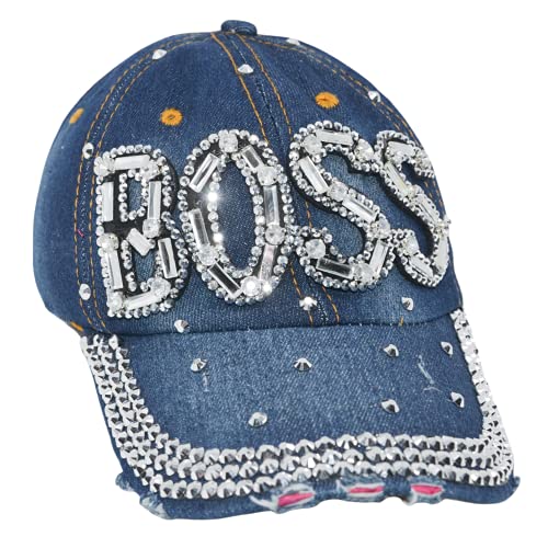 Popfizzy Bling Boss Hat for Women Rhinestone Hat, Bedazzled Baseball Caps, Distressed Hat, Fancy Bejeweled Hats, Sparkle Studded Denim Ball Caps (Boss)