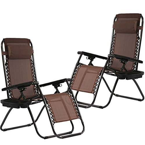 FDW Zero Gravity Chairs Set of 2 with Pillow and Cup Holder Patio Outdoor Adjustable Dining Reclining Folding Chairs for Deck Patio Beach Yard (Brown)