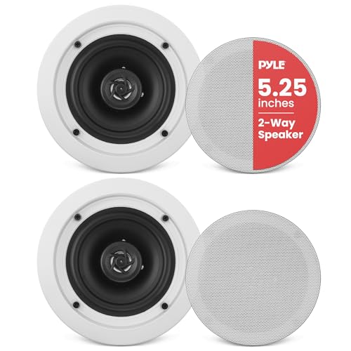 Pyle 5.25” Ceiling Wall Mount Speakers - Pair of 2-Way Midbass Woofer Speaker 1'' Polymer Dome Tweeter Flush Design w/ 80Hz - 20kHz Frequency Response & 150 Watts Peak Easy Installation