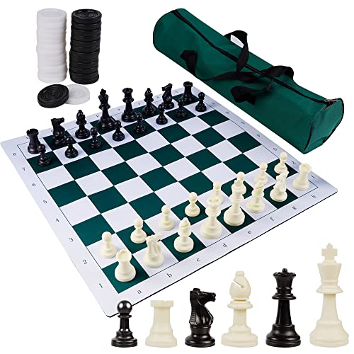 Juegoal 20' Portable Chess & Checkers Set, 2 in 1 Travel Board Games for Kids and Adults, Folding Roll up Chess Game Sets, Extra 26 Checker Pieces, Tournament Thick Mousepad Mat with Storage Bag