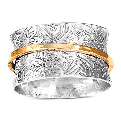 Boho-Magic 925 Sterling Silver Spinner Ring for Women with Brass Fidget Ring Flowers Band (8)