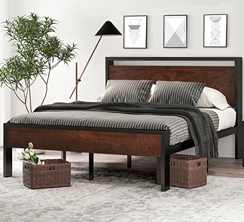 SHA CERLIN 14 Inch Full Size Metal Platform Bed Frame with Wooden Headboard and Footboard, Mattress Foundation, No Box Spring Needed, Large Under Bed Storage, Non-Slip, Mahogany