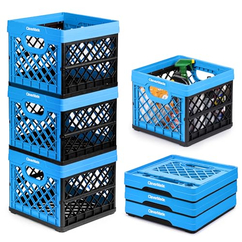 CleverMade Collapsible Milk Crate, Neptune Blue, 3PK - 25L (6 Gal) Stackable Storage Bins, Holds 50lbs Per Bin - Clevercrates are Heavy Duty, Plastic Collapsible Storage Crate for Multi Purposes