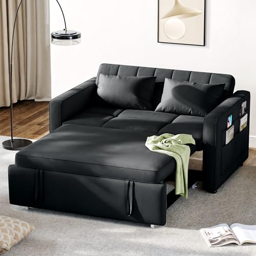 DWVO 55' Convertible Sofa Bed, 3-in-1 Sleeper Sofa with Pull-Out Bed, Velvet Futon Couch with Adjustable Backrest and Side Pocket, Modern Loveseat for Living Room Apartment, Black