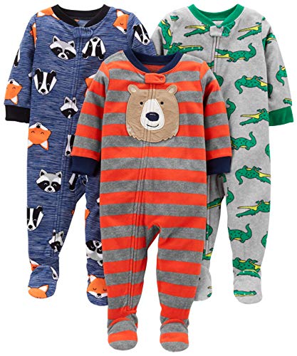 Simple Joys by Carter's Baby Boys' 3-Pack Loose Fit Flame Resistant Fleece Footed Pajamas, Blue Fox/Grey Crocodile/Orange Bear, 12 Months