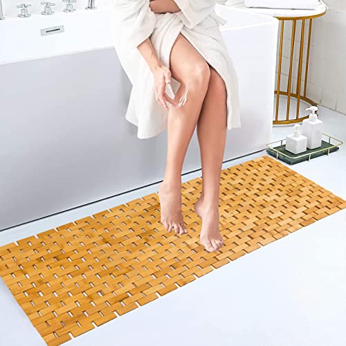 Bambo Bath Mat Bathroom Runner Long Large Rugs Floor Wood Shower Bathtub Waterproof Non Slip Accessories 16x48 Inch Easy to Clean, Natural, 1 pc