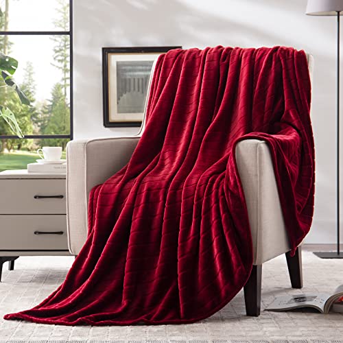 Bertte Plush Throw Super Soft Fuzzy Warm Blanket | 330 GSM Lightweight Fluffy Cozy Luxury Decorative Stripe Blanket for Bed Couch - 50'x 60', Burgundy