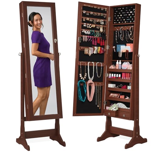 Best Choice Products Freestanding Jewelry Armoire Cabinet, Full Length Standing Mirror, Lockable Makeup Storage Organizer, w/Velvet Lining, 3 Angles, Lock, Accessory Pouch, 5 Shelves - Walnut