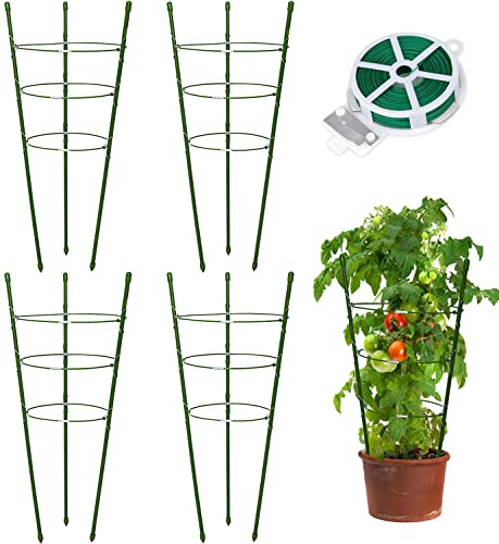 Plant Support Tomato Cages for Garden,4 Pack 18 inch Tomato Stakes Plant Stakes for Climbing Plants Adjustable Plant Trellis for Peony Support(4 Pack with 20M Garden Twist Tie)