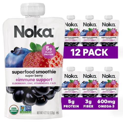 Noka Superfood Fruit Smoothie Pouches, Super Berry with Immune Support, Healthy Snacks with Elderberry, Flax Seed, Plant Protein, and Prebiotic Fiber, Gluten Free and Vegan, 4.22 oz, 12 Count