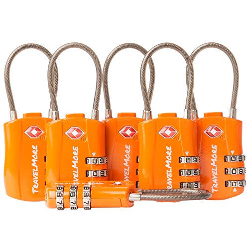 6 Pack TSA Approved Travel Combination Cable Luggage Locks for Suitcases & Backpacks - Orange